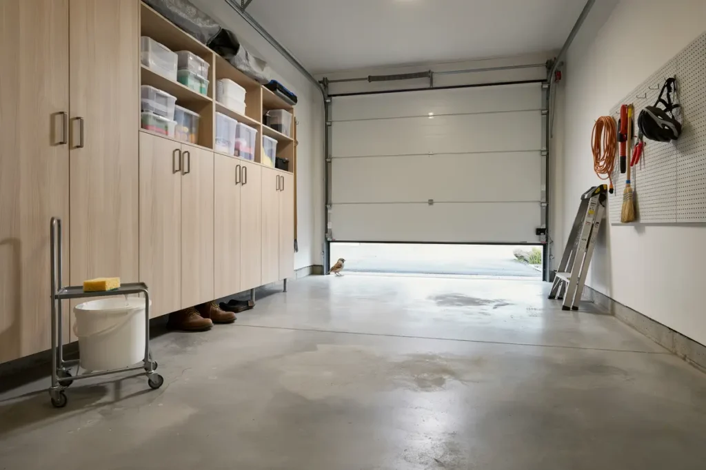 renovering av garage med nytt golv och f rvaring i stuvsta
